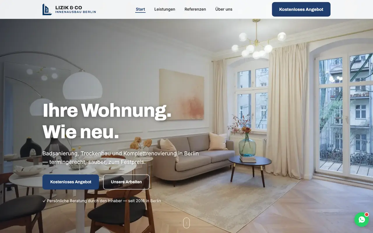 Startseite von lizik-co.de auf dem Desktop: dunkelblaues Hero mit Foto einer sanierten Altbauwohnung und der Zeile „Ihre Wohnung. Wie neu.“