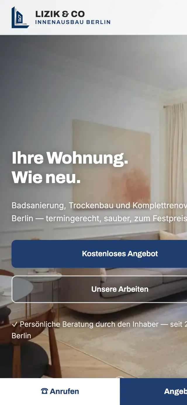 Mobile Ansicht von lizik-co.de mit Kontakt-Buttons in Daumenreichweite