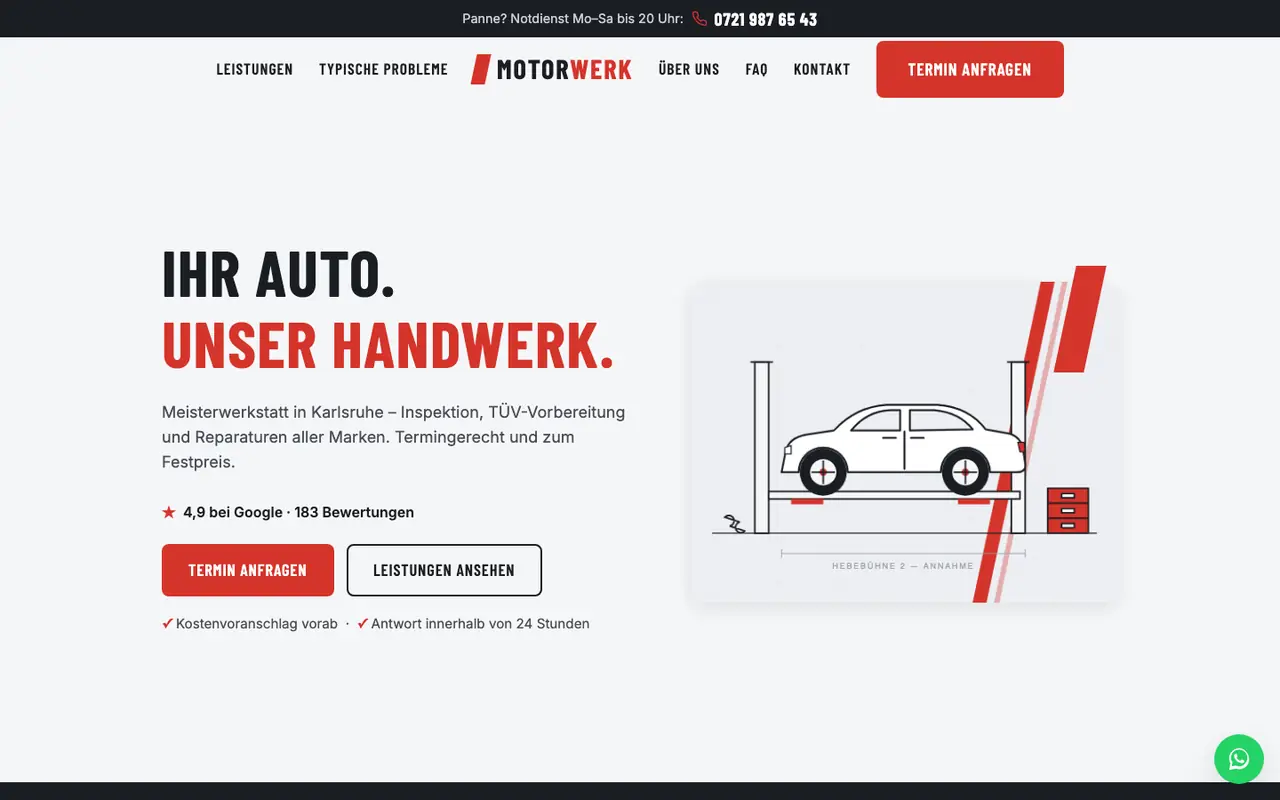 Konzeptprojekt MOTORWERK: helle Werkstatt-Website mit roter Akzentfarbe und der Zeile „Ihr Auto. Unser Handwerk.“